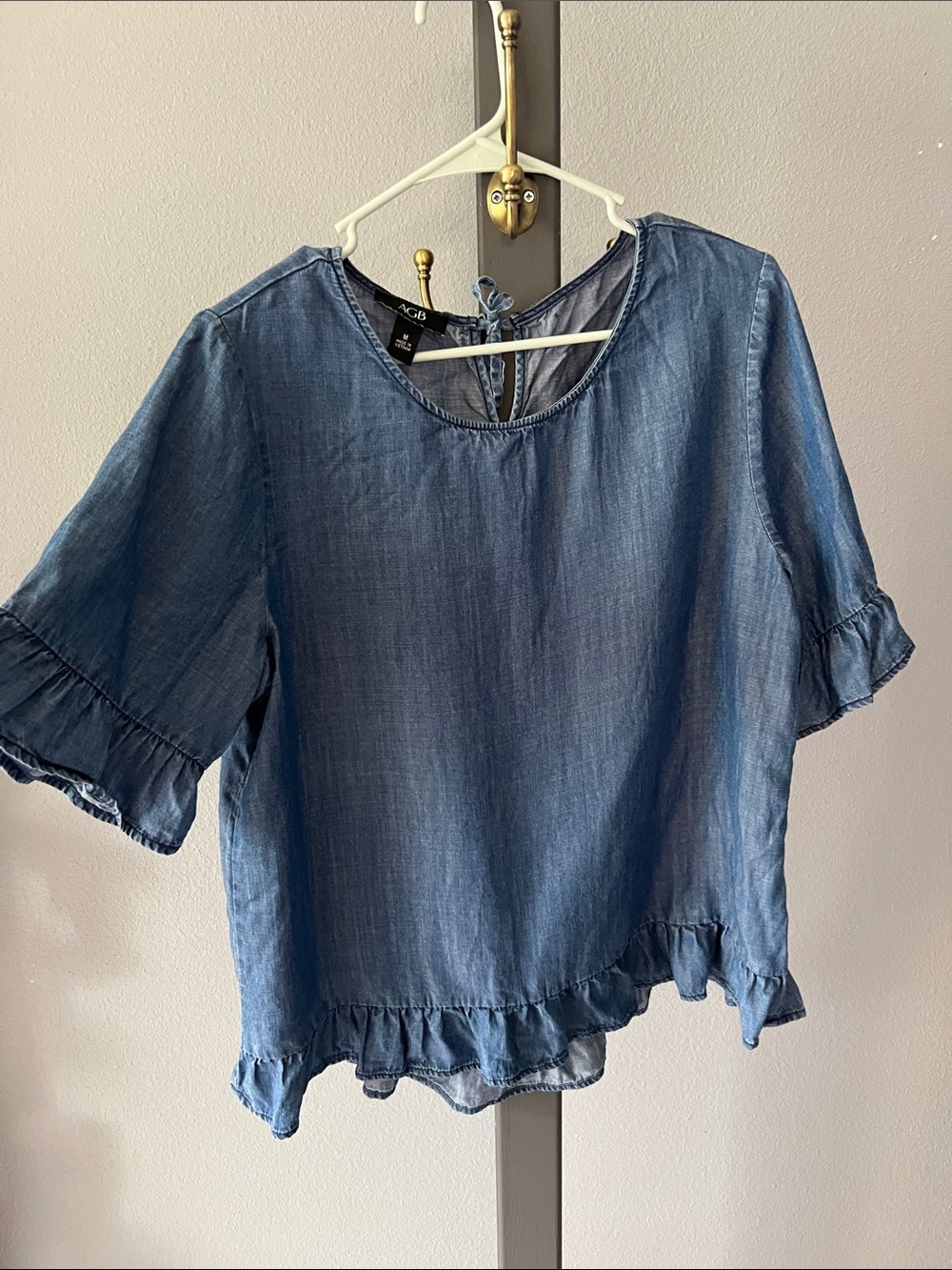 AGB Blue Denim-Effect Ruffle Sleeve Blouse